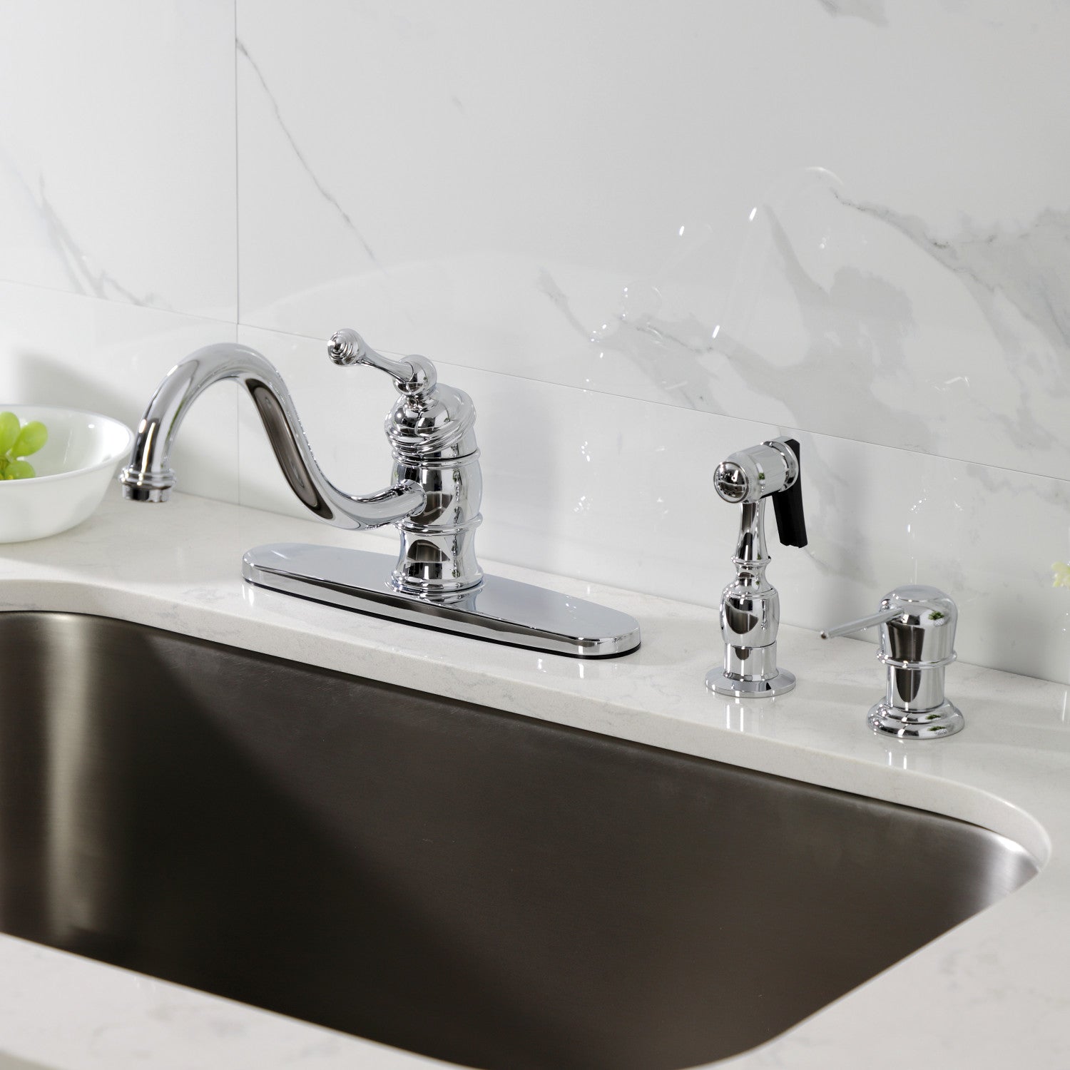 Kingston Heirloom KB3571BLBS - Vintage Single-Handle 2-or-4 Hole Kitchen Faucet with Brass Sprayer, Polished Chrome — thumbnail 2